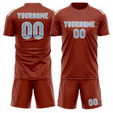 Custom Coral Red Light Blue Soccer Jersey