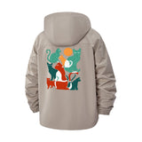 Whimsical Cat Gathering Unisex Full-Zip Printed Waterproof Hooded Windbreaker
