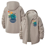 Tropical Island Sunset Unisex Full-Zip Printed Waterproof Hooded Windbreaker