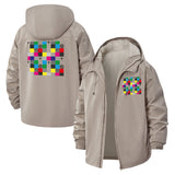 Geometric Pixel Art Unisex Full-Zip Printed Waterproof Hooded Windbreaker