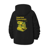 Retro Printer Motif Unisex Full-Zip Printed Waterproof Hooded Windbreaker