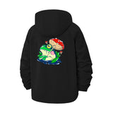 Whimsical Frog and Mushroom Unisex Full-Zip Printed Waterproof Hooded Windbreaker