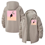 Cat and Moon Unisex Full-Zip Printed Waterproof Hooded Windbreaker