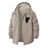Black Cat Motif Unisex Full-Zip Printed Waterproof Hooded Windbreaker
