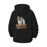 Playful Cat in Box Unisex Full-Zip Printed Waterproof Hooded Windbreaker