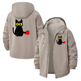 Cat With Coffee Mug Unisex Full-Zip Printed Waterproof Hooded Windbreaker