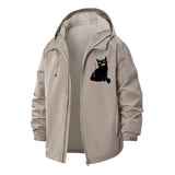 Black Cat Illustration Unisex Full-Zip Printed Waterproof Hooded Windbreaker