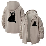 Black Cat Illustration Unisex Full-Zip Printed Waterproof Hooded Windbreaker