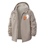 Pumpkin and Ghost Motif Unisex Full-Zip Printed Waterproof Hooded Windbreaker