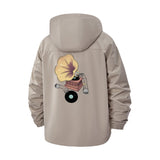 Vintage Gramophone Cat Unisex Full-Zip Printed Waterproof Hooded Windbreaker