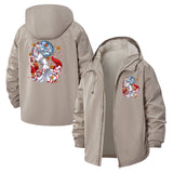 Japanese Kitsune and Cherry Blossoms Unisex Full-Zip Printed Waterproof Hooded Windbreaker