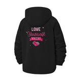 Love Yourself First Unisex Full-Zip Printed Waterproof Hooded Windbreaker