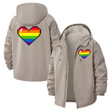 Pixelated Rainbow Heart Unisex Full-Zip Printed Waterproof Hooded Windbreaker