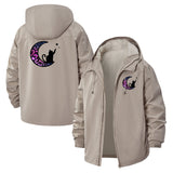 Moon and Cat Motif Unisex Full-Zip Printed Waterproof Hooded Windbreaker