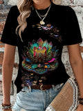 Graphic Tshirts Women Colorful Vibrant Lotus Flower Among Falling Petals With Shimmering Details Tshirt, Womens White Tee, Blue Shirt Women