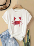 Basic Tees Women Red Watercolor Crab Centered On White Cotton Tshirt, Shirt For Women, Funny Shirts For Women