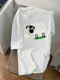 100 Cotton T Shirts For Women Cute Sheep Covered With White Flowers Standing On Green Grass Sheep, Womens Night Shirts, Graphic Shirts For Women
