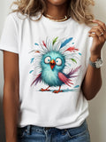 100 Cotton T Shirts For Women Colorful Feathered Blue Cartoon Bird On White Shirt, Womens Shirts, Funny T Shirts For Women