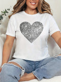 Graphic Shirts For Women Silver Glittering Shiny Textured Heart Shape, Cute Graphic Tees For Women, Womens White Tee