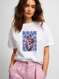 Black T Shirt Women Abstract Pink And Blue Leaves Surrounding Bold Zebra, Cute T Shirts For Women, Graphic Tshirts Women