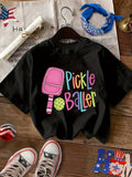Grey T Shirt Womens Colorful Playful Illustration With Paddle And Ball Tshirt, Graphic Shirts For Women, 100 Cotton T Shirts For Women