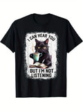 Womens Shirts I Can Hear You But Im Not Listening Black Cat With Coffee Cup And Glasses On Dark Shirt, Womens T Shirts, Cotton T Shirts For Women