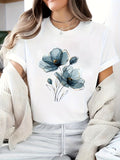 Grey T Shirt Womens Delicate Transparent Floral Design With Blue Petals And Stems Flower, Pink Shirt Womens, Womens T Shirts