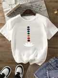 Basic Tees Women Seven Color Circles Above Delicate White Lotus Flower T Shirt, White Cotton Shirt Women, Blue Shirt Women
