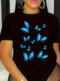 Black T Shirt Women Blue Butterflies Flying Gracefully Against Black Background Butterfly, Blue Shirt Women, Womens Shirts