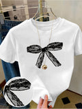 Cotton Shirts For Women Delicate Lace Pattern With Black Intricate Ribbon Bow, Womens Shirts, Women Tshirts