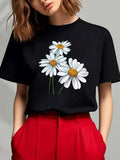 Cotton T Shirts For Women Classic Black Tee With White Daisy Flowers In Blooming State, Women T Shirt, Womens Graphic Tshirts