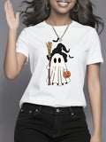 Funny T Shirts For Women Playful Halloween Ghost Holding Pumpkin And Broom T Shirt, Womens Graphic Tees Vintage, Graphic Tees Women
