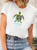 Funny Shirts For Women Earth Day April Turtle With Colorful Pattern Swimming Over Blue Waves Turtle, Vintage Shirts Women, Cotton T Shirts For Women