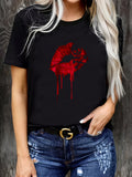 Black T Shirt Women Red Dripping Paint With Grunge Style Kiss Lips, Country Shirts Womens, Basic Tees Women
