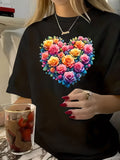 Country Shirts Womens Colorful Vibrant Blooming Flowers Forming Heart Shaped Bouquet, Graphic Tees Women, White Cotton Shirt Women
