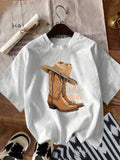 Red T Shirt Women Stylish Cowboy Hat With Embroidered Classic Western Boot, Womens Graphic Tshirts, Vintage Shirts Women