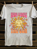 Womens T Shirts Here Comes The Sun Radiant Vintage Sunburst With Pink Rays And Smiling Face Sun, Women T Shirt, Graphic Tees Women