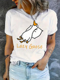 Womens Tees Lazy Goose Simple Minimalist White Shirt With Relaxed Cartoon Goose, Womens White Tee, Women Tshirts