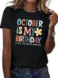 Women's Short Sleeve T Shirts October Colorful Letters With Playful Flower On Birthday Tshirt, Womens Graphic Tees Vintage, Womens Tees