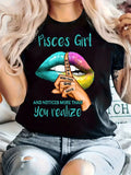 Womens White Tee Pisces Girl Colorful Artistic Lips With Whispering Finger And Astrological Theme, Women's Short Sleeve T Shirts, 100 Cotton T Shirts For Women