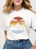 Cute Graphic Tees For Women White Tshirt With Abstract Colorful Mountain Sunset And Calm Water Graphic, Women T Shirt, Pink Shirt Womens