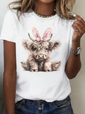 Blue Shirt Women Cute Fluffy Animal Wearing Pink Bow With Playful Expression Calf, Women T Shirt, Green Shirt Womens