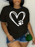 Women's Short Sleeve T Shirts White Heart Outline With Paw Print Design On Black T Shirt, Cotton T Shirts For Women, Graphic Tees Women