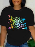 Graphic Tshirts Women Colorful Gradient Artistic Leaves With Elegant Rose, 100 Cotton T Shirts For Women, Funny Shirts For Women