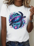 Cotton Shirts For Women Colorful Cosmic Pattern With Vibrant Flowers Surrounding Turtle, Grey T Shirt Womens, Womens Shirts