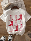 Cute Graphic Tees For Women White Cotton Tshirt Featuring Patterned Red And White Boots, Vintage Shirts Women, Blue Shirt Women