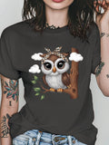 Basic Tees Women Cute Cartoon Owl Perched On Wooden Branch Under White Fluffy Clouds, Women T Shirt, Funny T Shirts For Women