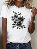 Graphic Tees Women Monochrome Floral Design With Leaves And Blossoms T Shirt, Vintage T Shirts Women, Womens Graphic Tshirts