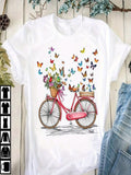 Pink Shirt Womens Colorful Butterflies Flying Above Vintage Pink Bicycle With Flower Basket, White Cotton Shirt Women, Funny T Shirts For Women