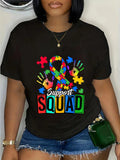 Blue Shirt Women Support Squad Colorful Handprints With Puzzle Pieces Ribbon, Graphic Shirts For Women, Womens Graphic Tshirts